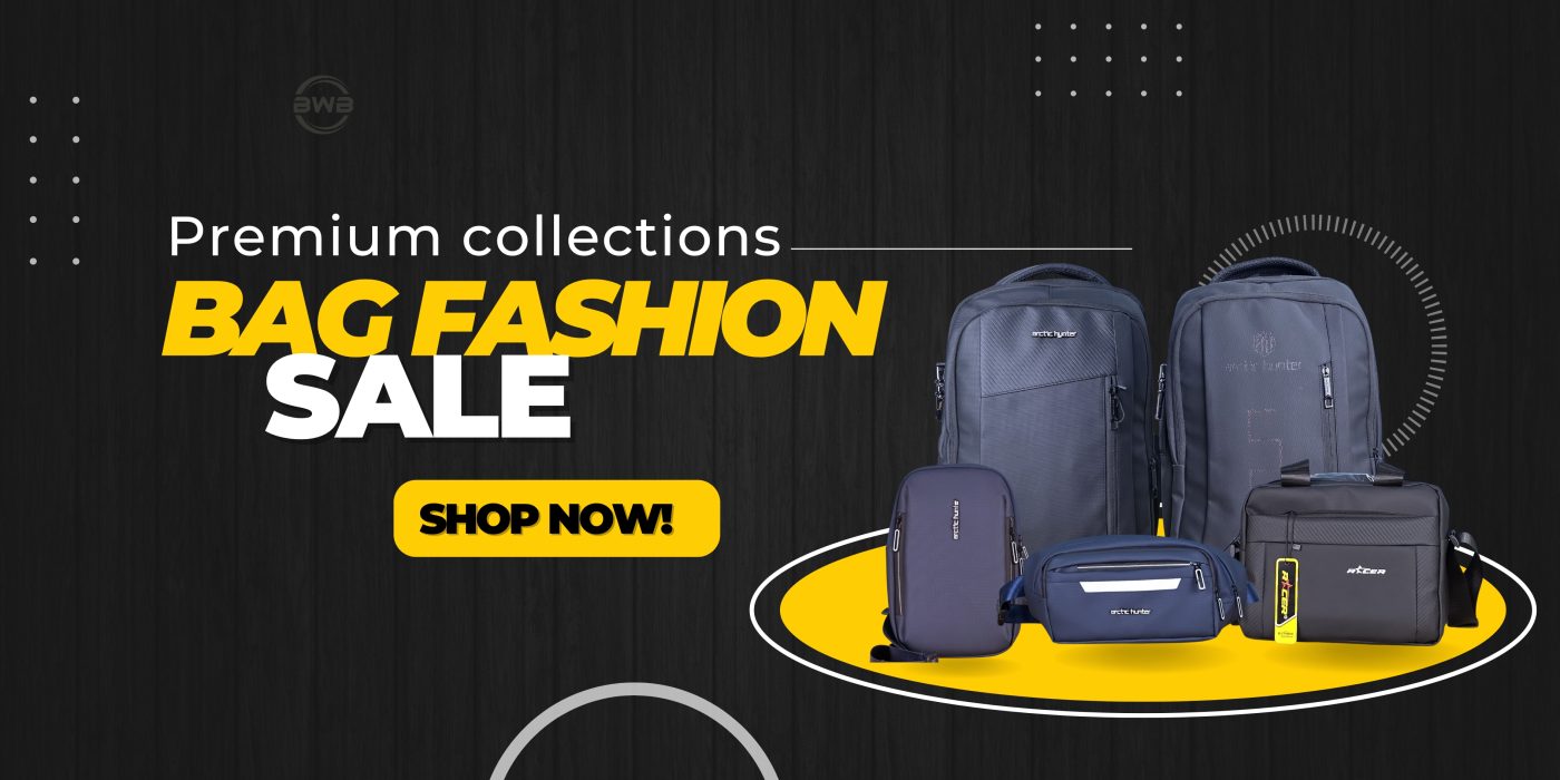Website banner showing different types of bags: premium travel bag, waist bag, hand bag, crossbody/chest bag, each stylish and durable