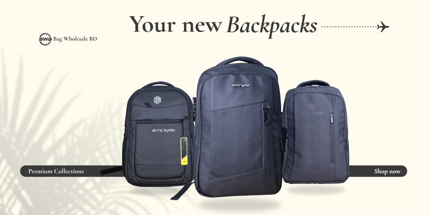Website banner showing Premium Travel Bag, spacious compartments and sleek design for travel